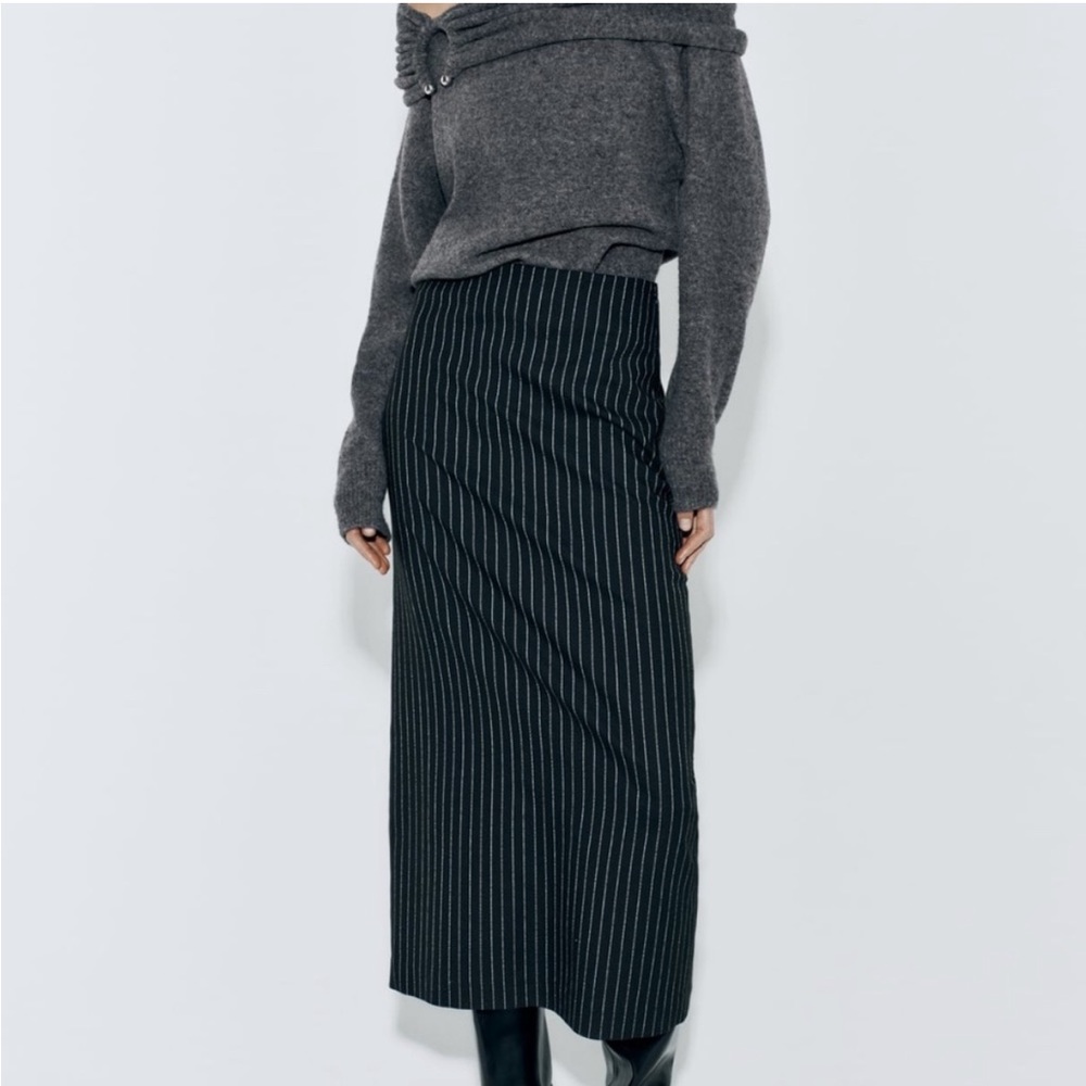 Zara Studio pinstripe high waist Pencil MIDI back slit skirt sz.XS